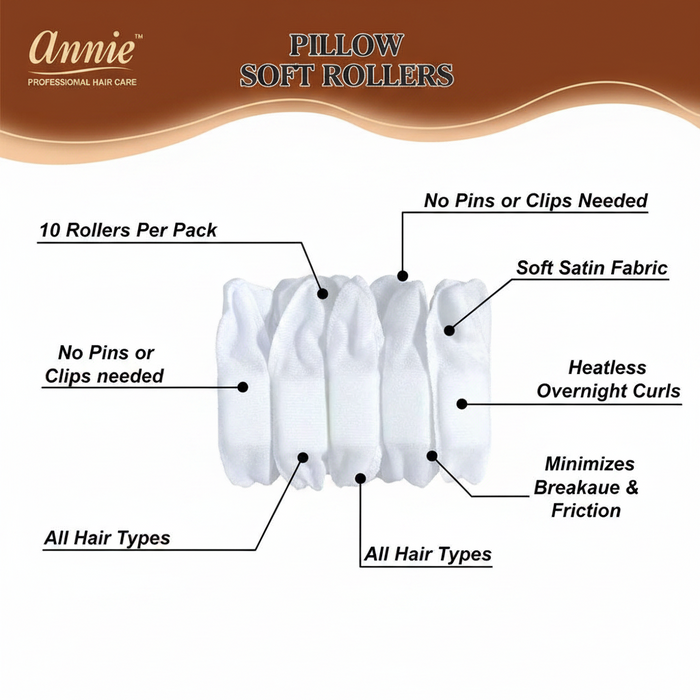 Annie Silky Satin Pillow Soft Hair Rollers, 10 Count, White