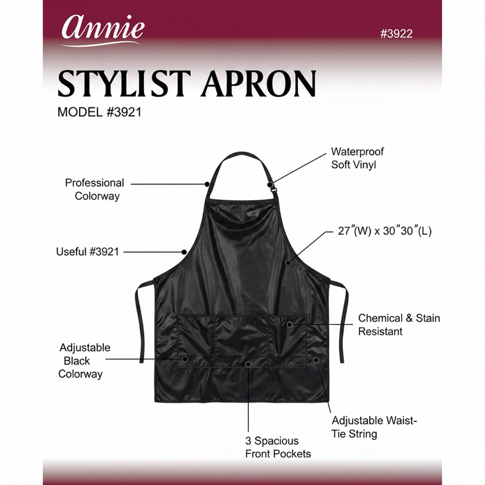 Annie Stylist Apron Waist-Tie String, 1 Count, Black