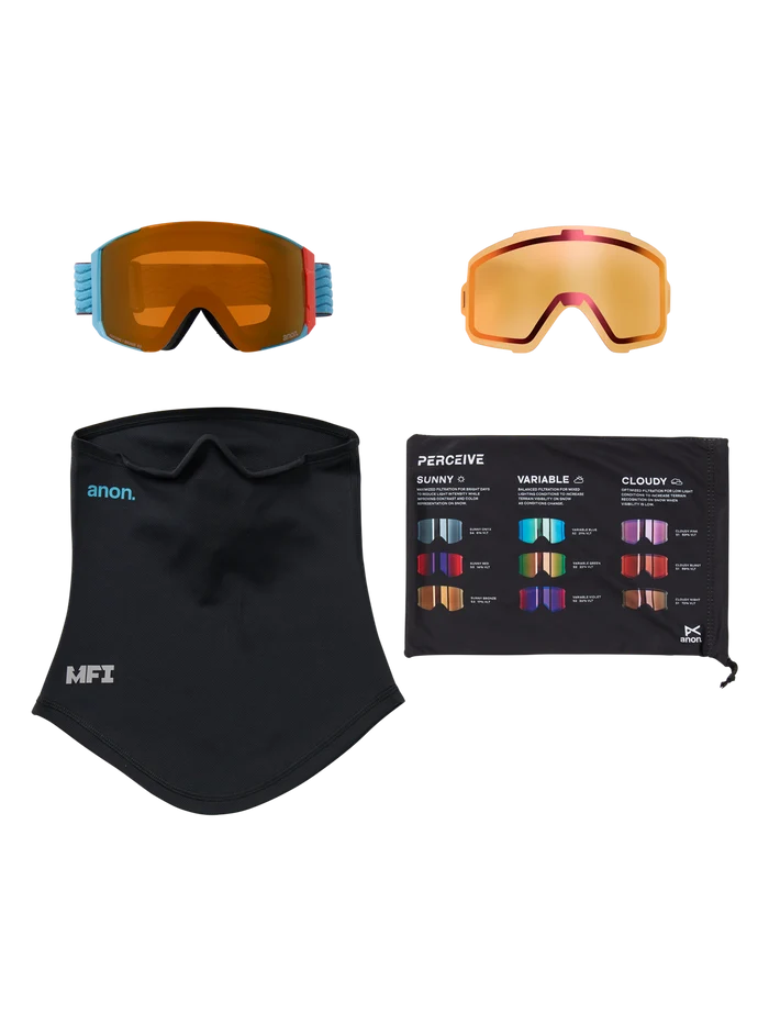 Product image of Anon Sync Goggles + Bonus Lens + MFI® Face Mask[Variant:Frame: Retro Blue, Lens: Perceive Sunny Bronze (17% / S3), Spare Lens: Perceive Cloudy Burst (59% / S1)]