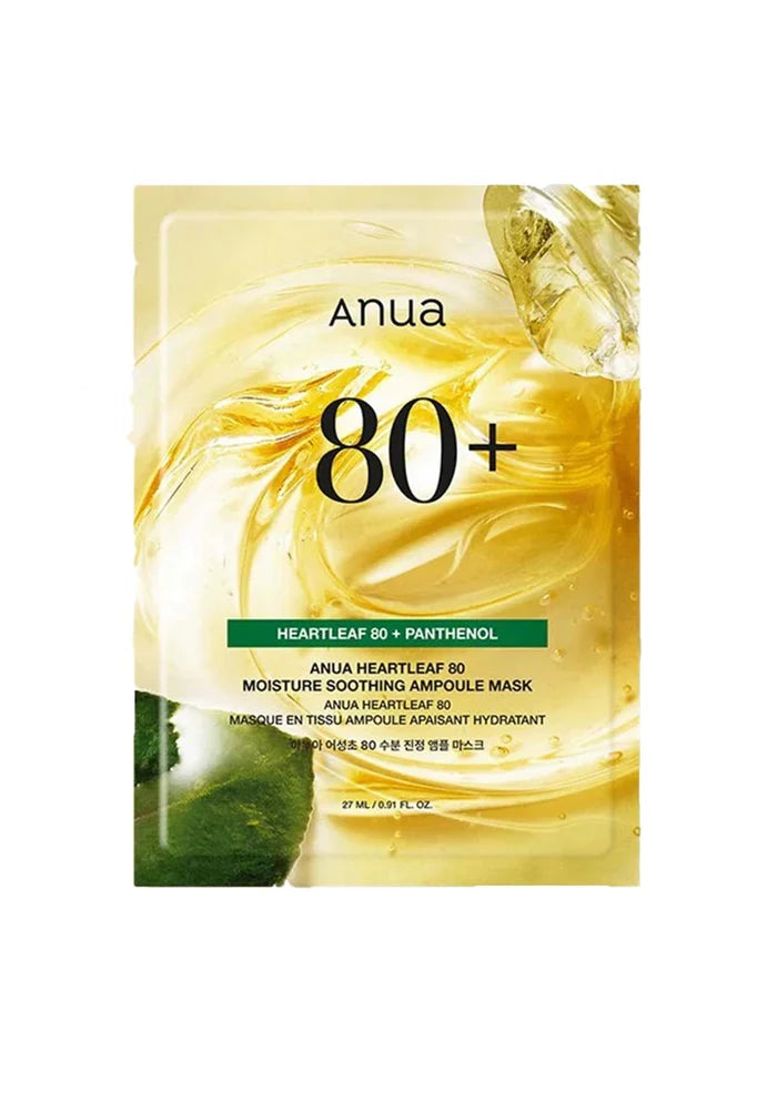 Anua 80+ moisture soothing ampoule mask packaging with yellow liquid.