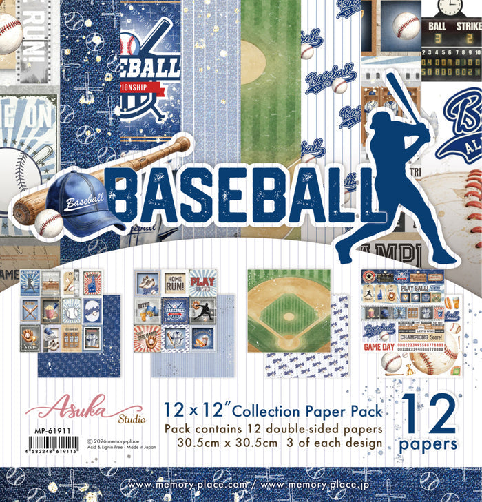 Asuka Studio -  12X12 Collection Pack - Baseball. 12 sheets, 80lbs double sided. Available at Embellish Away located in Bowmanville Ontario Canada.