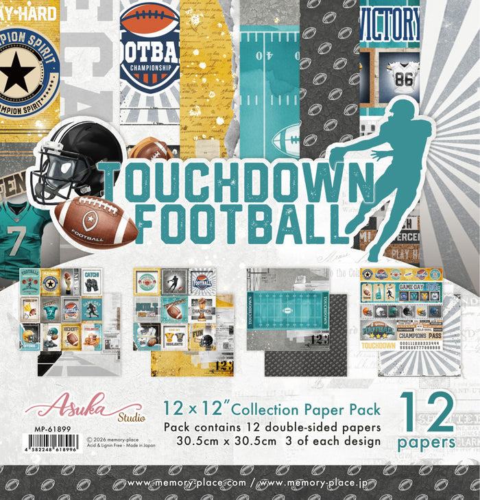 Asuka Studio -  12X12 Collection Pack - Touchdown Football. 12 sheets, 80lbs double sided. Available at Embellish Away located in Bowmanville Ontario Canada.