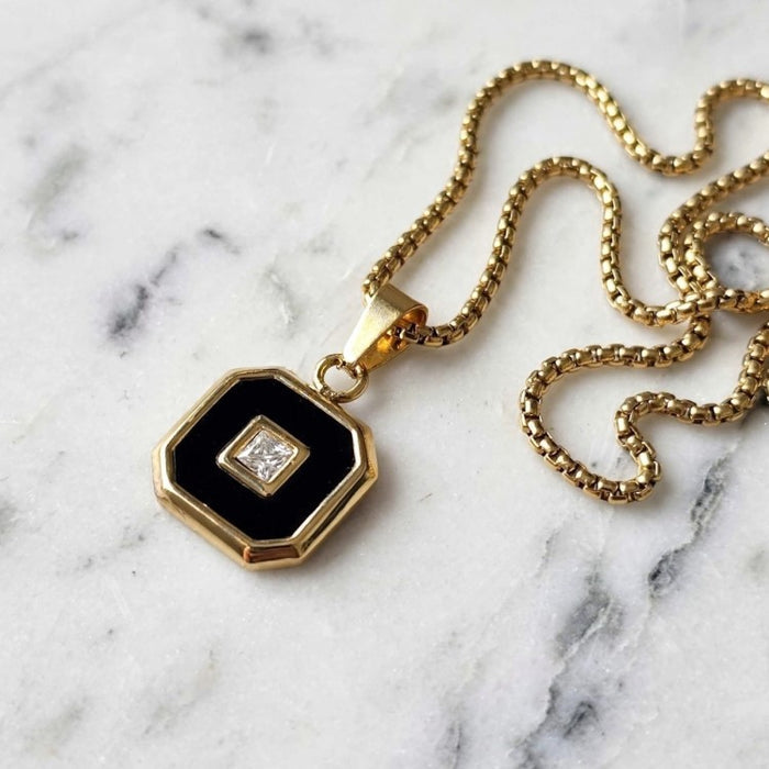 Aurex Onyx & Princess-Cut CZ PVD-Plated Stainless Steel Pendant