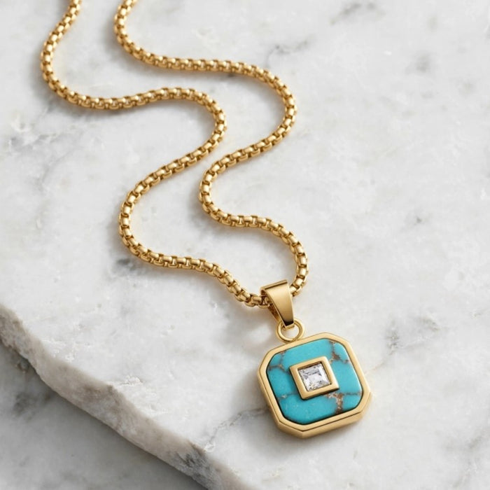 Aurex Turquoise & Princess-Cut CZ PVD-Plated Stainless Steel Pendant