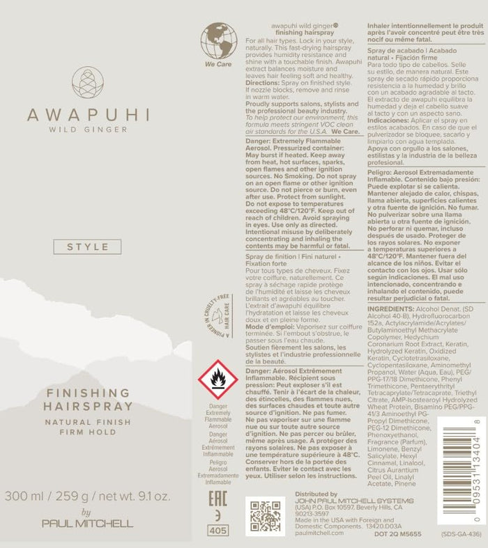 Awapuhi Wild Ginger by Paul Mitchell Finishing Spray, Firm Hold, Natural Finish Hairspray, For All Hair Types, 9.1 oz