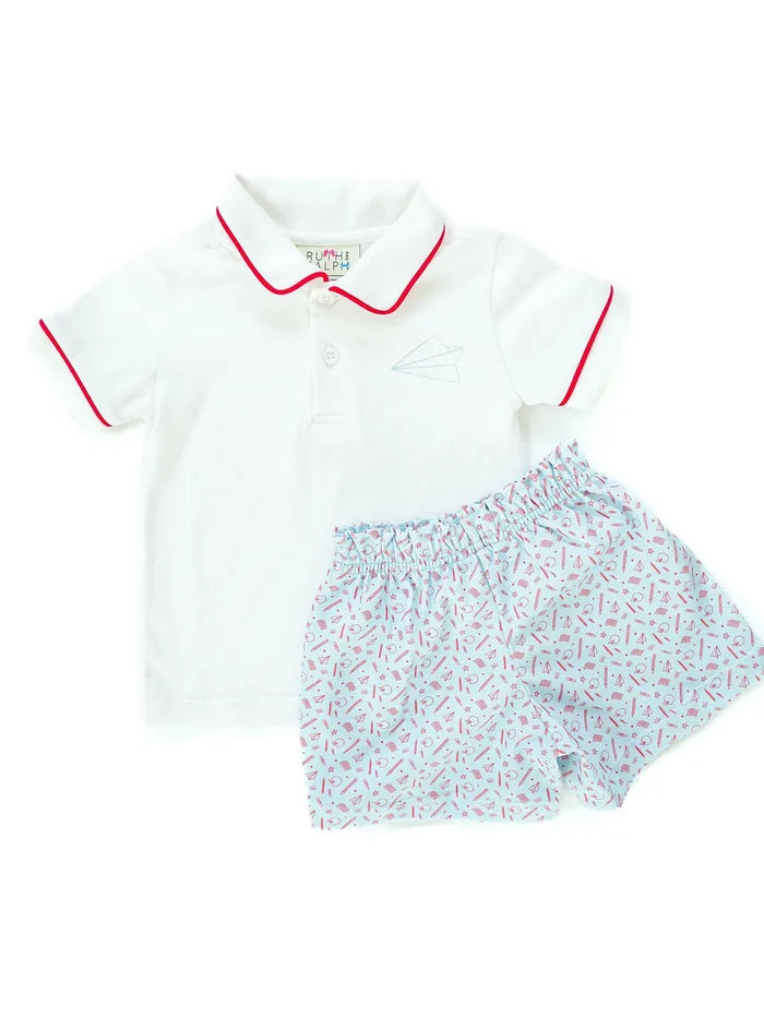Boy’s Polo and Short Set in custom back to school pima cotton print.