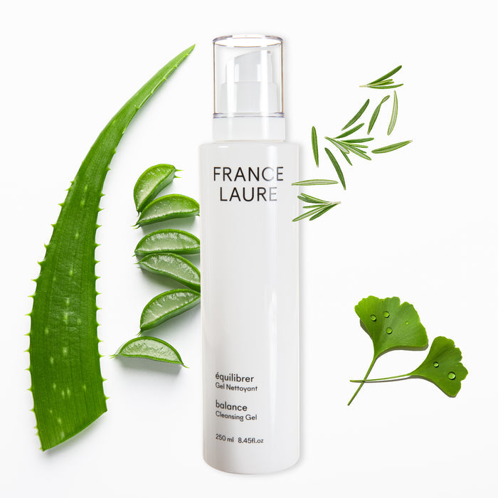 France Laure Balance Cleansing Gel with fresh aloe vera, rosemary, and ginkgo leaves on white background for gentle skin care