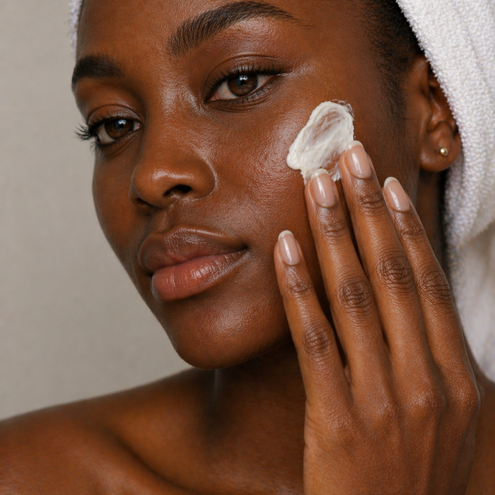 Woman applying rich face cream to cheek, showcasing smooth skin texture and gentle skincare routine for all skin types.