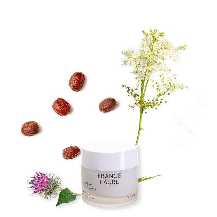 France Laure Balance Repairing Cream jar with natural botanicals and seeds, showcasing organic skincare ingredients for all skin types