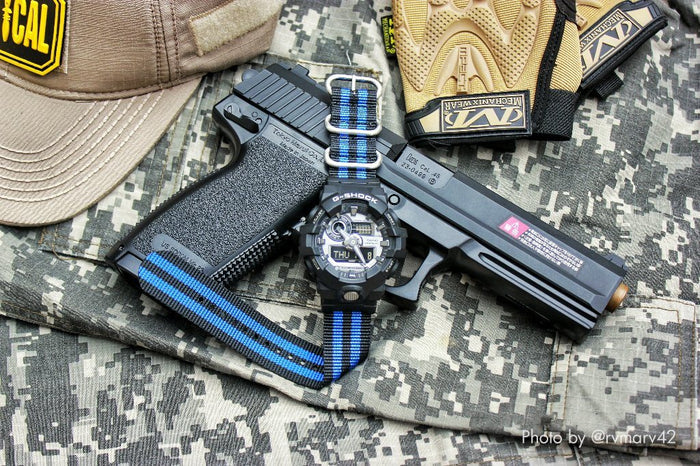 gshock ga700 with casio adapter and vario ballistic nylon strap brown