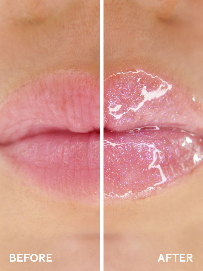 birthday cake shimmer -- close up of before and after of shimmer pink lip oil applied to lips
