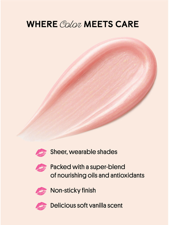 birthday cake shimmer -- swatch infographic highlighting key benefits of nourishing lip oil