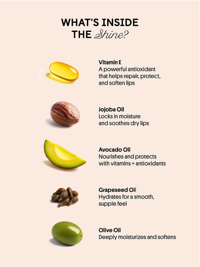 birthday cake shimmer -- overview of key ingredients in nourishing lip oils with pictures