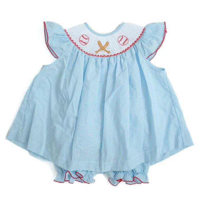 Baby & Toddler Girls Blue Pinstripe Hand-Smocked Baseball & Bat Bloomer Set with Red Picot Edging – Game Day & Spring Ball Outfit – Sizes 3M–4T