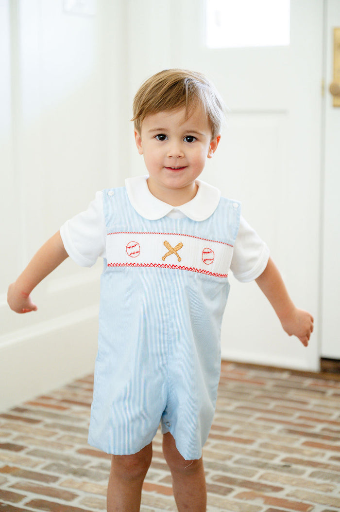 Baby & Toddler Boys Blue Pinstripe Hand-Smocked Baseball & Bat Jon Jon – Game Day, Spring Ball & Father's Day Outfit – Sizes 3M–4T