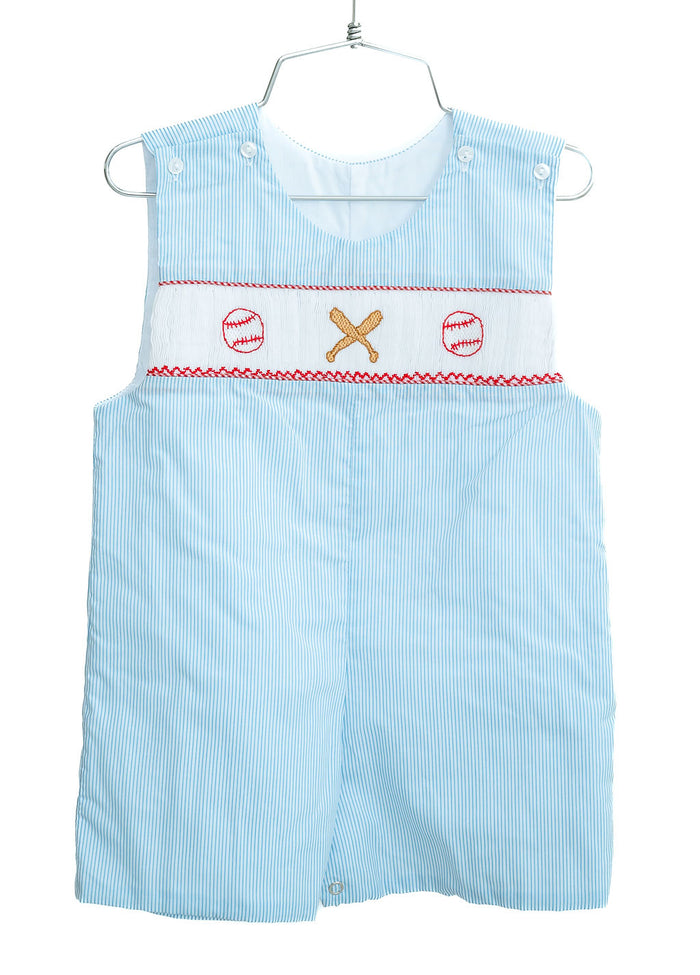 Boys Heirloom Smocked Baseball Jon Jon – Classic Blue Pinstripe with Hand-Smocked Baseballs & Bats – Baseball Games, Family Outings & Father's Day – Sizes 3M–4T