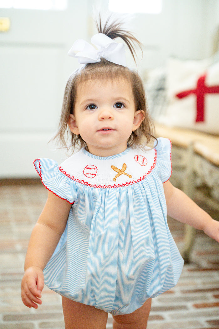 Newborn & Baby Girls Blue Pinstripe Hand-Smocked Baseball & Bat Bubble with Red Picot Edging – Game Day & Spring Ball Outfit – Sizes NB–2T