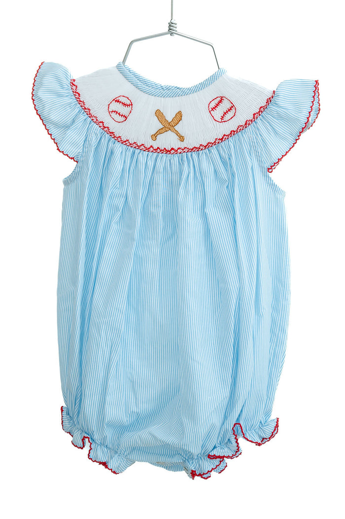 Baby Girls Heirloom Smocked Baseball One-Piece Bubble – Blue Pinstripe with Red Picot Edging & Hand-Smocked Baseballs – Game Days & Spring Ball Season – Sizes NB–2T