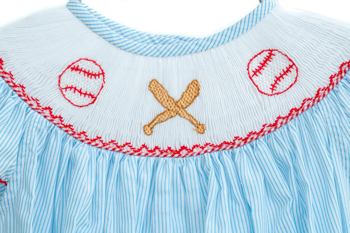 Newborn to Toddler Girls Classic Blue Pinstripe Hand-Smocked Baseball & Bat Bubble – Heirloom-Quality – Ballpark Visits, Spring Ball & Family Photos – Sizes NB–2T
