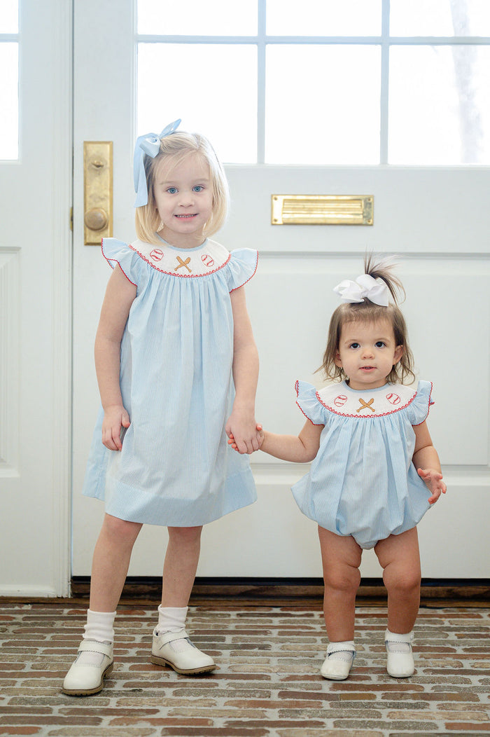 Baby Girls Smocked Baseball Bubble – Blue Pinstripe with Red Picot Edging & Hand-Smocked Baseballs & Bats – Perfect for Game Days & Spring Celebrations – Sizes NB–2T