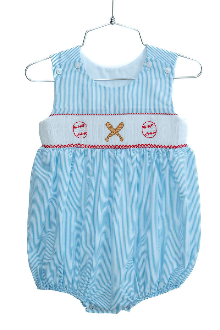 Newborn to Toddler Boys Classic Blue Pinstripe Hand-Smocked Baseball & Bat Bubble – Heirloom-Quality – Spring Ball Season, Stadium Visits & Family Photos – Sizes NB–3T