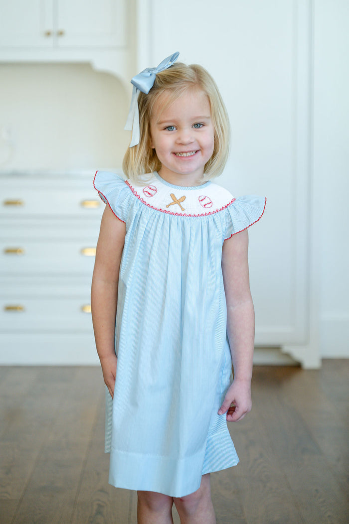 Toddler & Girls Blue Pinstripe Hand-Smocked Baseball & Bat Dress with Red Picot Edging – Game Day & Spring Ball Outfit – Sizes 12M–8