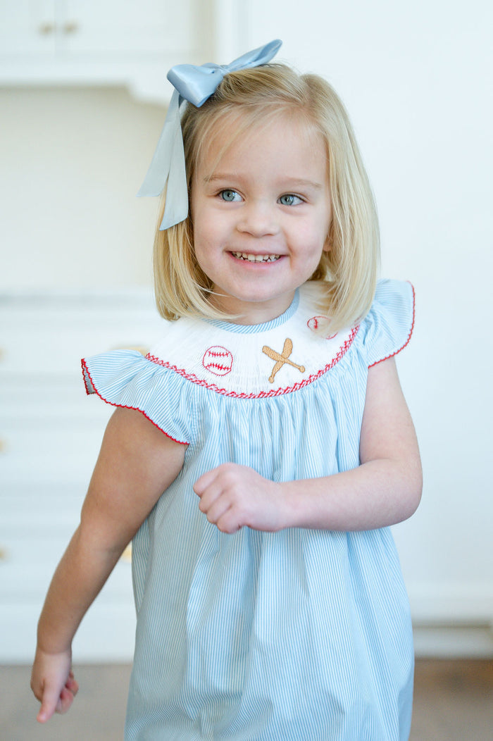 Girls Heirloom Smocked Baseball Dress – Blue Pinstripe with Red Picot Edging & Hand-Smocked Baseballs – Game Days, Ballpark Visits & Spring Celebrations – Sizes 12M–8