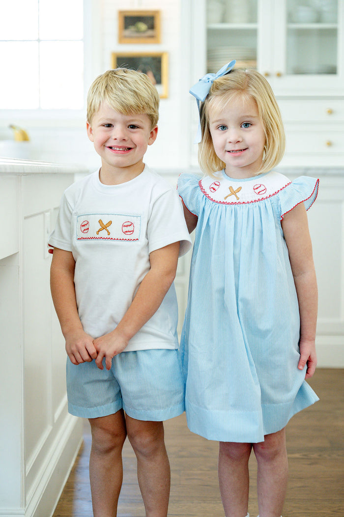 Little Girls Classic Blue Pinstripe Hand-Smocked Baseball & Bat Dress – Heirloom-Quality – Game Day, Spring Ball Season & Team Celebrations – Sizes 12M–8