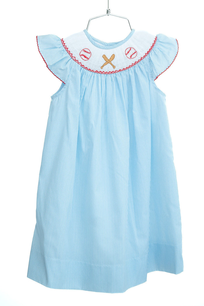 Girls Smocked Baseball Dress – Blue Pinstripe Fabric with Red Picot Edging & Hand-Smocked Baseballs & Bats – Perfect for Game Days & Spring Ball – Sizes 12M–8