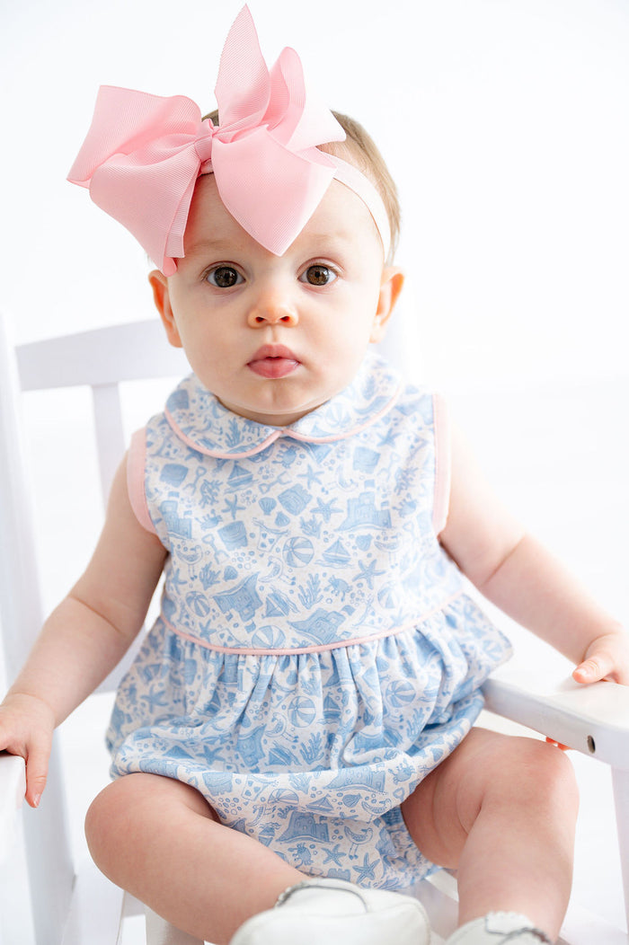 Newborn & Baby Girls 100% Pima Cotton Blue Beach Motif Bubble with Pink Piping – Summer Beach & Vacation Outfit – Sizes NB–2T