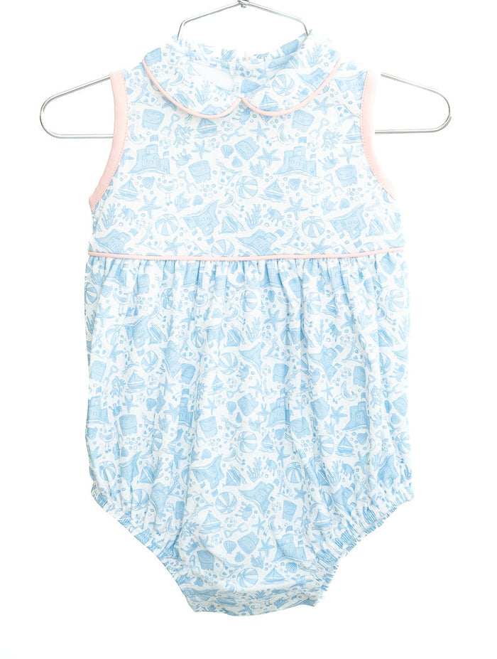 Baby Girls Lightweight Pima Cotton Beach Print Bubble – Blue with Pink Piping – Sibling Matching Summer Vacation & Poolside Outfit – Sizes NB–2T