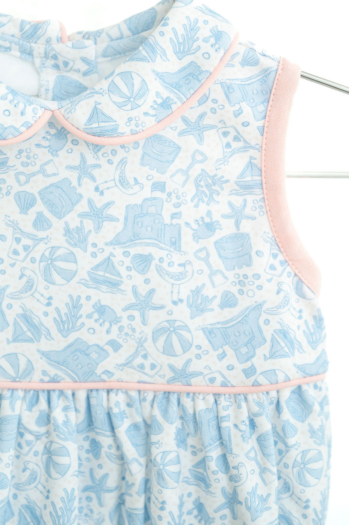 Newborn & Baby Girls Soft Pima Cotton Blue Beach Motif Bubble – Pink Piping Details – Perfect for Beach Vacations, Summer Parties & Picture-Perfect Family Photos – Sizes NB–2T