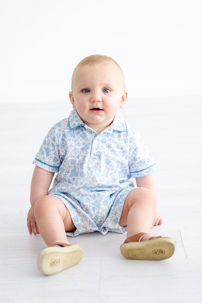 Baby & Toddler Boys 100% Pima Cotton Blue Beach Motif Romper – Summer Beach Trip & Vacation Outfit – Sizes 9M–4T