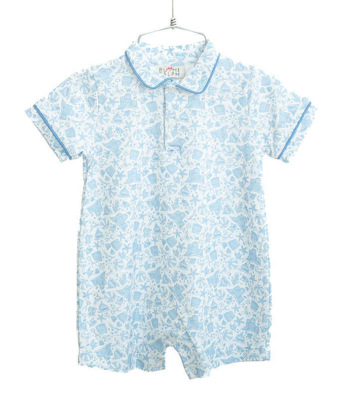 Toddler Boys Pima Cotton Beach Print Romper – Soft & Breathable Blue One-Piece – Summer Vacation, Special Occasions & Everyday Play – Sizes 9M–4T