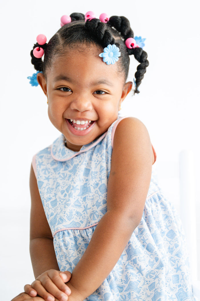 Toddler & Girls 100% Pima Cotton Blue Beach Motif Dress with Pink Piping – Summer Beach & Vacation Outfit – Sizes 12M–8