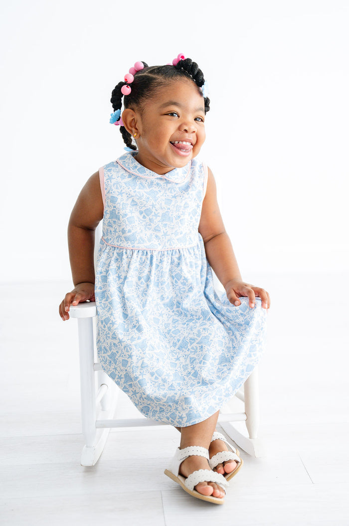 Girls Soft Pima Cotton Beach-Inspired Dress – Blue Playful Print with Light Pink Piping – Beach Days, Summer Outings & Family Vacations – Sizes 12M–8