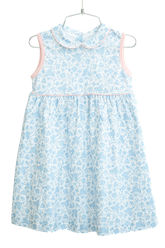 Little Girls Classic Blue Beach Motif Pima Cotton Dress – Pink Piping Detail – Summer Outings, Special Occasions & Family Photos – Sizes 12M–8
