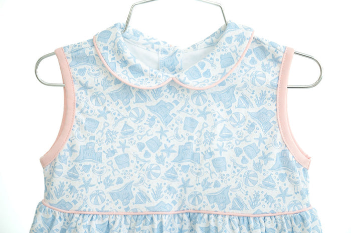 Toddler & Girls Lightweight Pima Cotton Beach Print Dress – Blue with Pink Piping – Sibling Matching Summer Vacation & Warm Weather Outfit – Sizes 12M–8