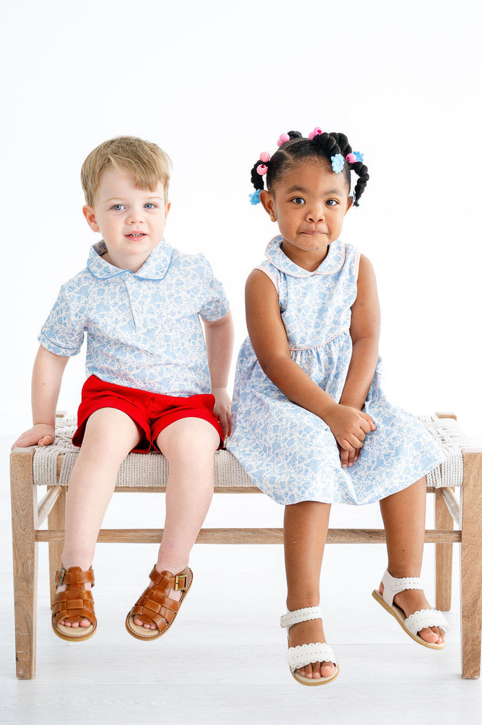 Girls Breathable Pima Cotton Blue Beach Motif Dress with Light Pink Piping – Perfect for Beach Vacations, Family Gatherings & Special Occasions – Sizes 12M–8