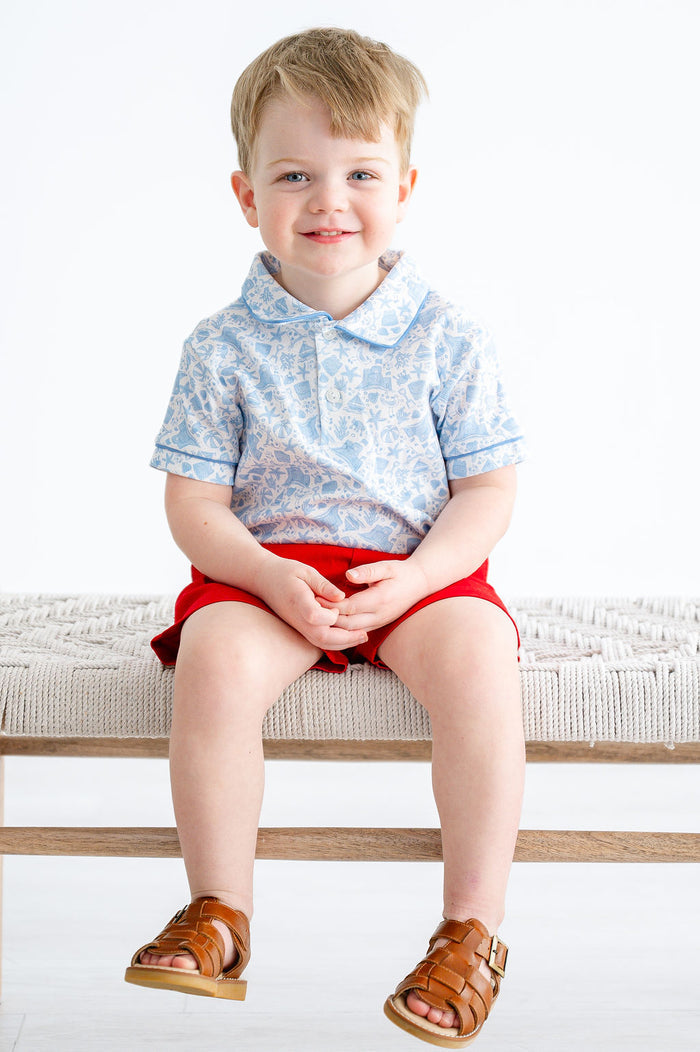 Toddler & Boys 100% Pima Cotton Blue Beach Motif Polo Shirt – Summer Beach & Vacation Outfit – Sizes 12M–8