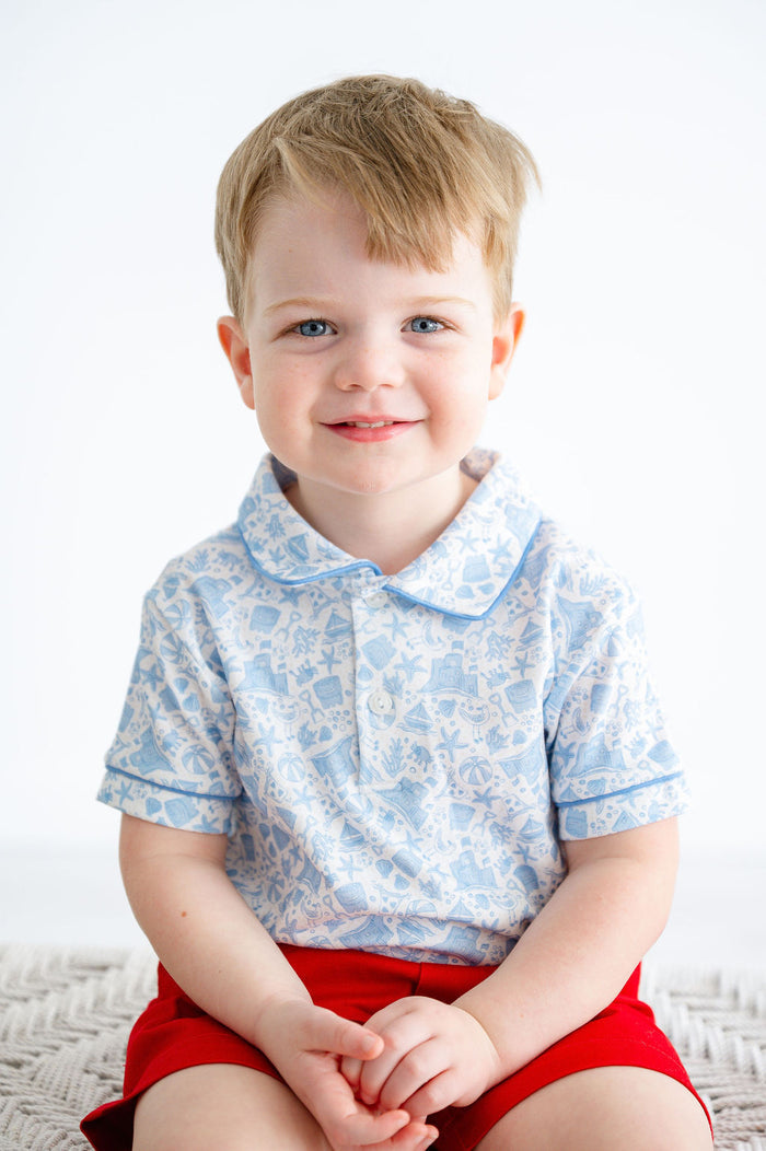 Boys Soft Pima Cotton Beach-Inspired Polo – Blue Playful Print – Beach Days, Poolside Fun & Summer Parties – Sizes 12M–8