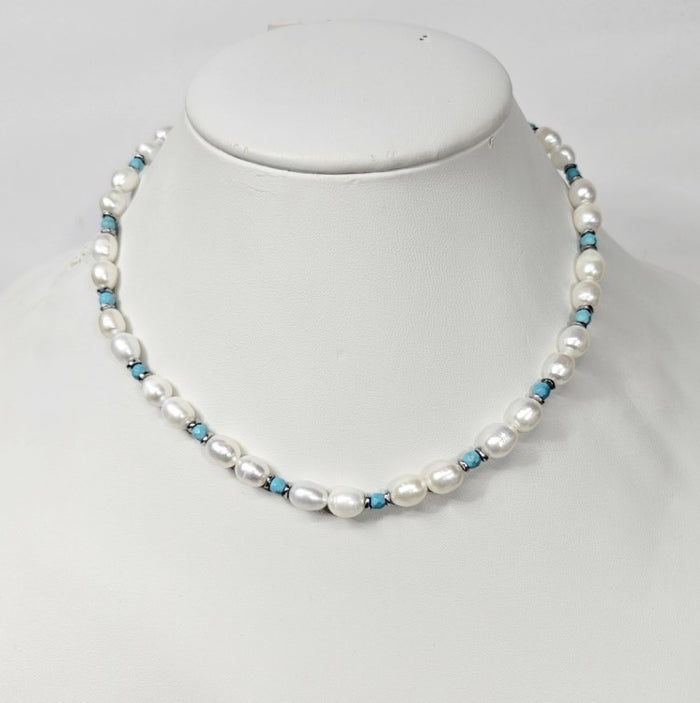 Beaded Necklace with Freashwater Pearls,Turquoise Spacer beads