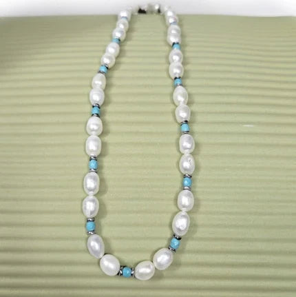 Beaded Necklace with Freashwater Pearls,Turquoise Spacer beads