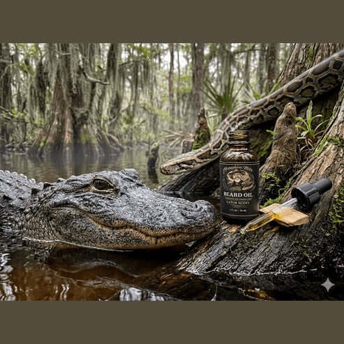 Fort Denaud Beard and Skin Gator Scent beard oil bottle with dropper in a swamp setting with an alligator and snake.
