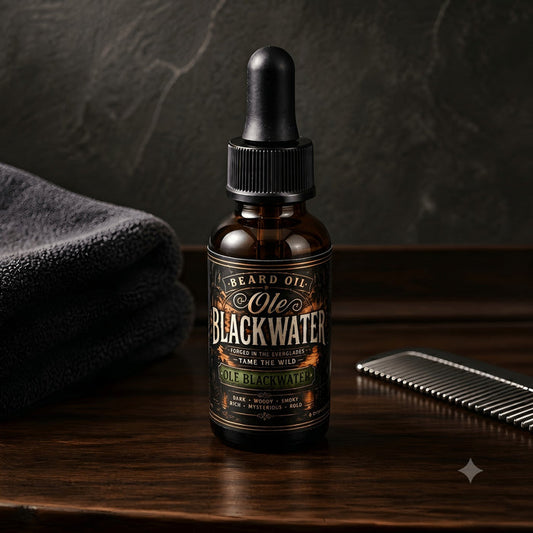 Beard Oil Sample Ole Blackwater Scent in a stylish amber bottle with dropper on a wooden surface.