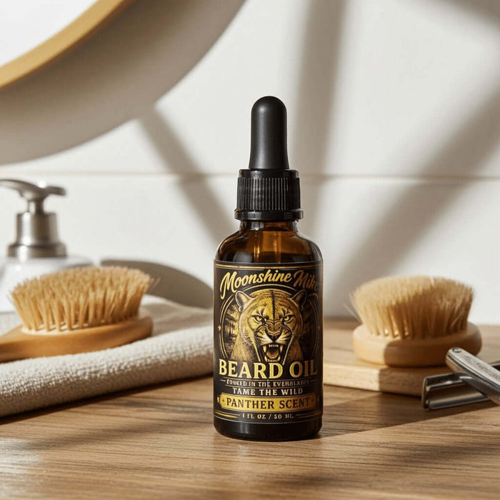 Fort Denaud Beard and Skin Panther Scent beard oil in a 15ml amber dropper bottle on a wooden vanity with brushes.