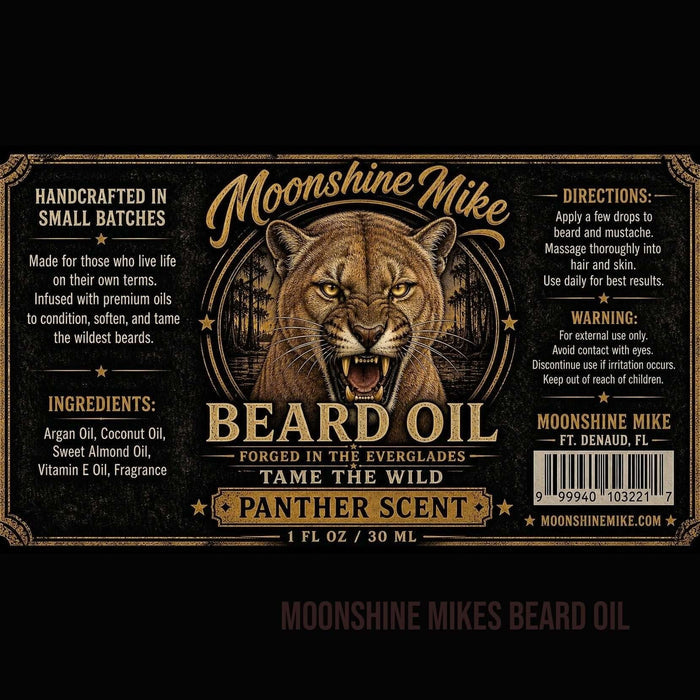 Fort Denaud Beard and Skin Panther Scent beard oil label featuring a Florida panther illustration on black background