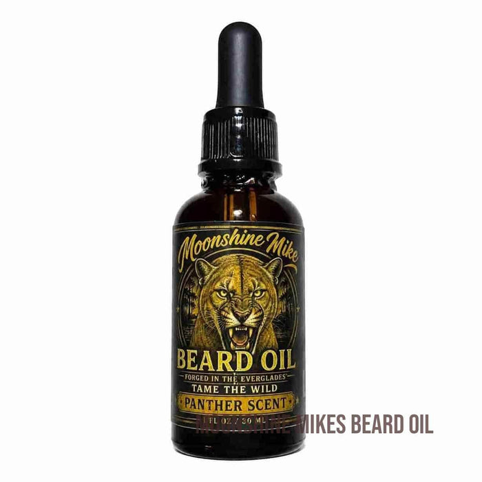 Fort Denaud Beard and Skin Panther Scent beard oil in a 15ml amber glass dropper bottle with a panther label.