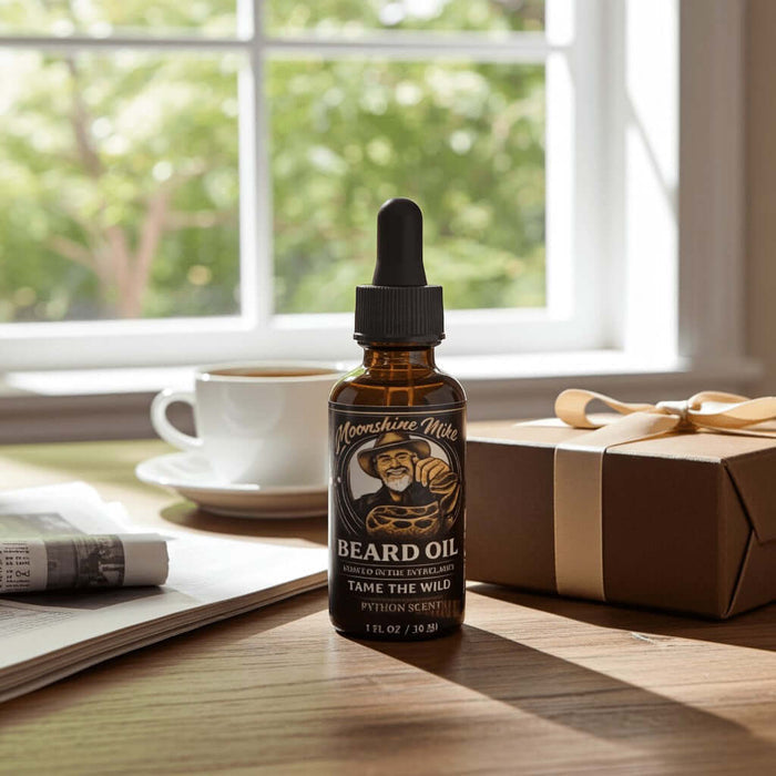 Fort Denaud Beard and Skin Python Scent beard oil in a 15ml amber dropper bottle on a wooden table by a window.