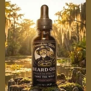 Fort Denaud Beard and Skin Python Scent beard oil in a 15ml dropper bottle set against a scenic Everglades backdrop.